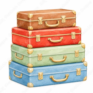 Vintage Suitcase Clipart, Watercolor Travel Luggage, Retro Journey Art (Digital Download)