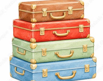 Vintage Suitcase Clipart, Watercolor Travel Luggage, Retro Journey Art (Digital Download)