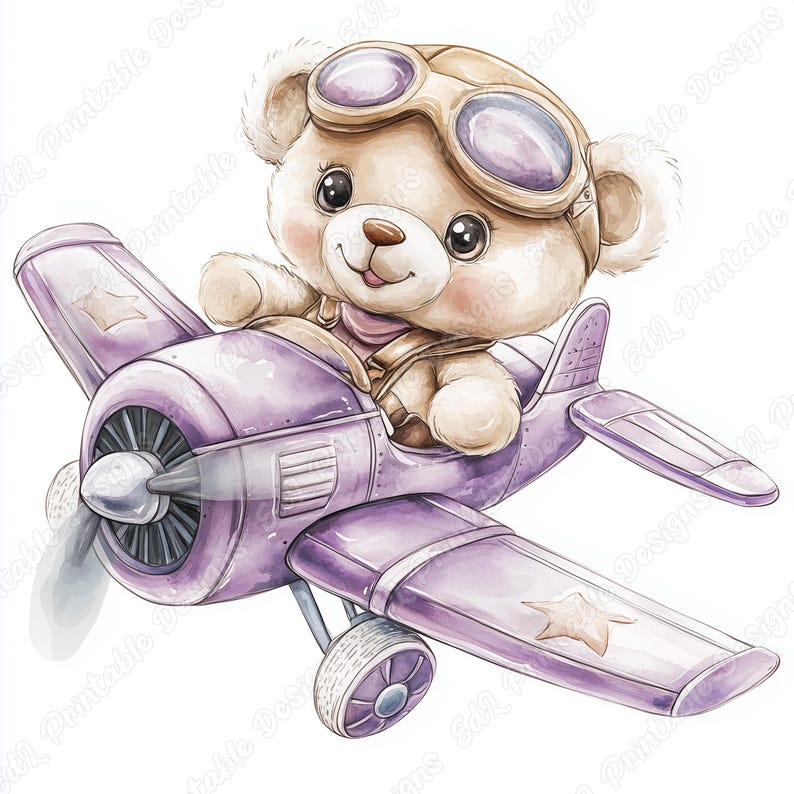 20 Pilot Teddy Bear Clip Art, Watercolor Aviator Bear Printable Image, Digital Download, Baby Boy And Girl Scrapbooking Paper Crafts JPG Set