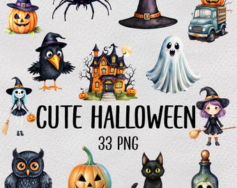 Whimsical Halloween Clipart, Spooky Watercolor PNG Images (Digital Download)