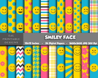 Retro Smiley Gesicht Digitales Papier, Groovy Emoji Hintergrund, Nahtloses Muster (digitaler Download)