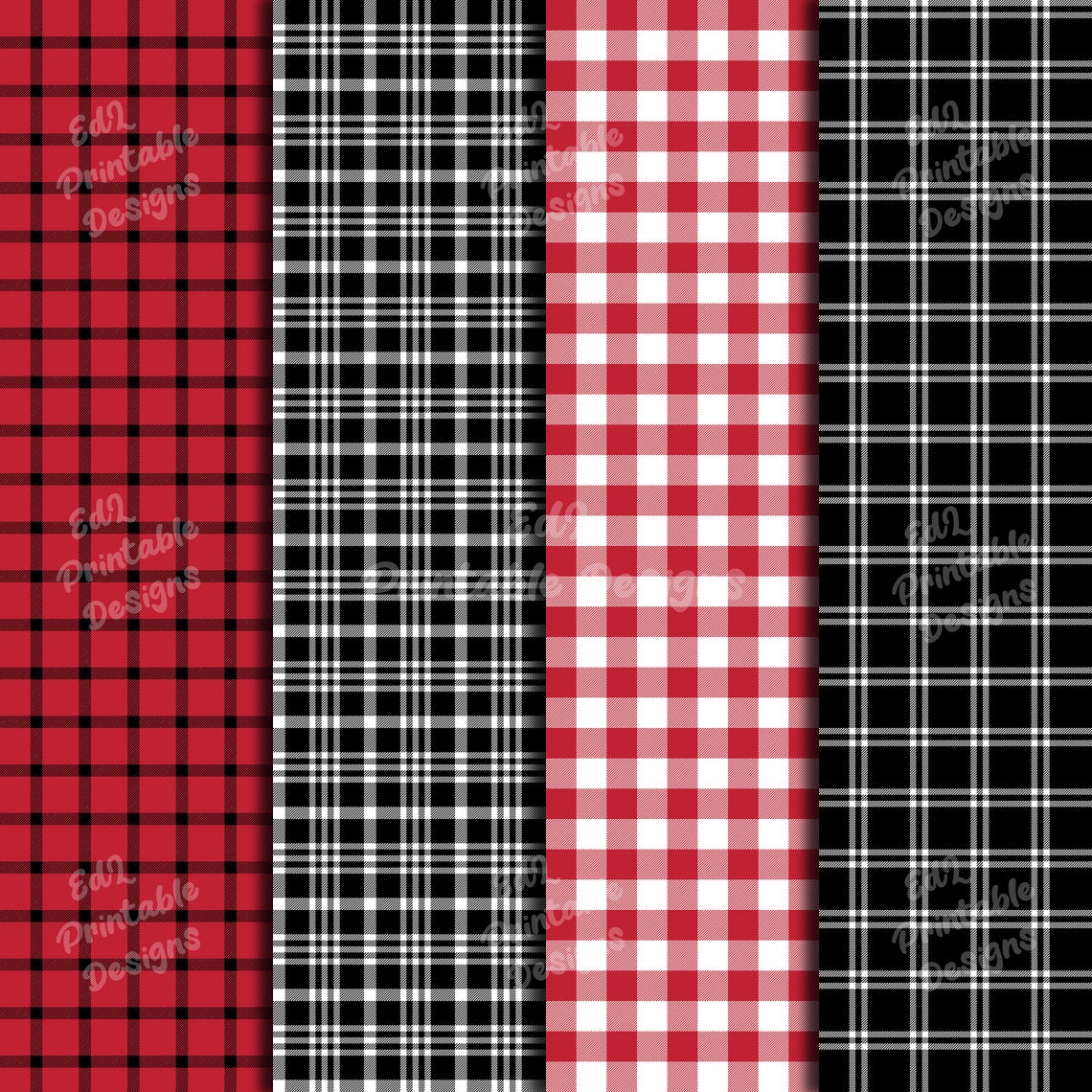Red and Black White Buffalo Plaid Digital Paper, Printable Tartan