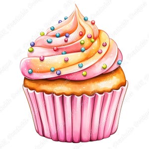 20 枚の水彩カップケーキ クリップ アート、印刷可能なデザート画像、誕生日カップケーキのデジタル ダウンロード、高品質のスイーツ ペーパー クラフト JPG バンドル