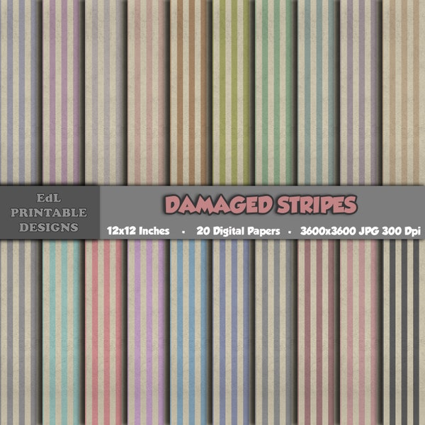 Damaged Stripes Digital Paper Pack, Distressed Printable Background, Vintage Scrapbook Papers, 12x12 Retro Paper, Seamless Pattern Set Of 20