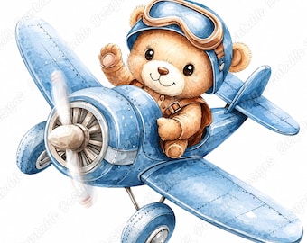 Imágenes prediseñadas de osito de peluche aviador, osito de peluche volando en acuarela, álbum de recortes de aviones para guardería (descarga digital)