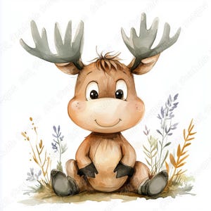 20 imágenes prediseñadas de alces en acuarela, imagen imprimible de alce bebé feliz, descarga digital de animales del bosque con flores, manualidades con papel para álbumes de recortes JPG
