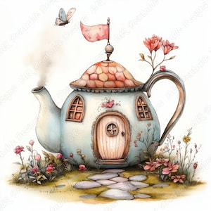 May include: A whimsical teapot house with a red roof and a small door. The teapot is surrounded by a garden with pink and yellow flowers. A blue butterfly flies above the house.