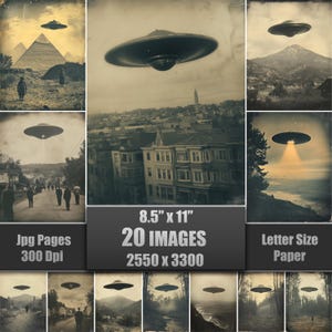 Puede incluir: Un conjunto de 20 imágenes de estilo vintage que muestran platillos volantes sobre diversos paisajes, incluyendo pirámides y entornos urbanos. Las imágenes miden 21,59 cm x 27,94 cm y son aptas para impresión.
