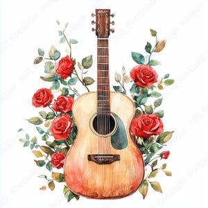 20 florale gitaarillustraties, afdrukbare afbeeldingen muziekinstrumenten, vintage gitaar digitale download, muziek scrapbooking papier ambachten JPG-bundel
