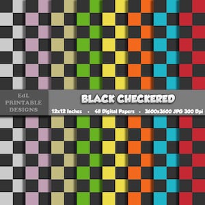 Black Checkered Digital Paper, Checkerboard Printable Background, Checker Grid Scrapbook Papers, Checkers Paper, Seamless Pattern Set Of 48