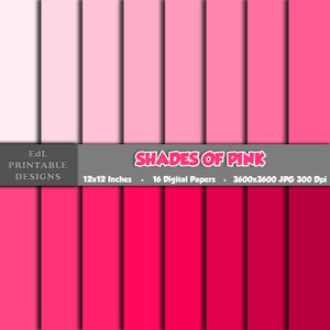 Roze tinten digitaal papierpakket, afdrukbare roze kleuren achtergrond, plakboekpapier, papier 12 x 12, roze kleurenpalet set van 16