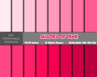 Shades Of Pink Digital Paper Pack, Printable Pink Colors Background, Scrapbook Papers, 12x12 Paper, Pink Color Palette Set Of 16