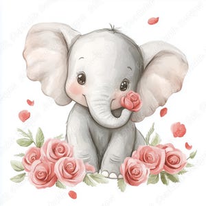 20 illustraties olifant met bloemen, afdrukbare afbeelding babyolifant, Happy aquarel dier digitale download, scrapbooking papier ambachtelijke JPG set
