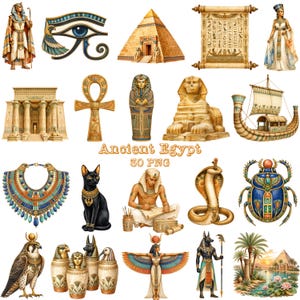 May include: A collection of 30 digital illustrations featuring Ancient Egyptian themes, including a pharaoh, the Eye of Horus, a pyramid, hieroglyphic scrolls, a sphinx, an ankh, a sarcophagus, a cat, a cobra, a scarab, and a river landscape.