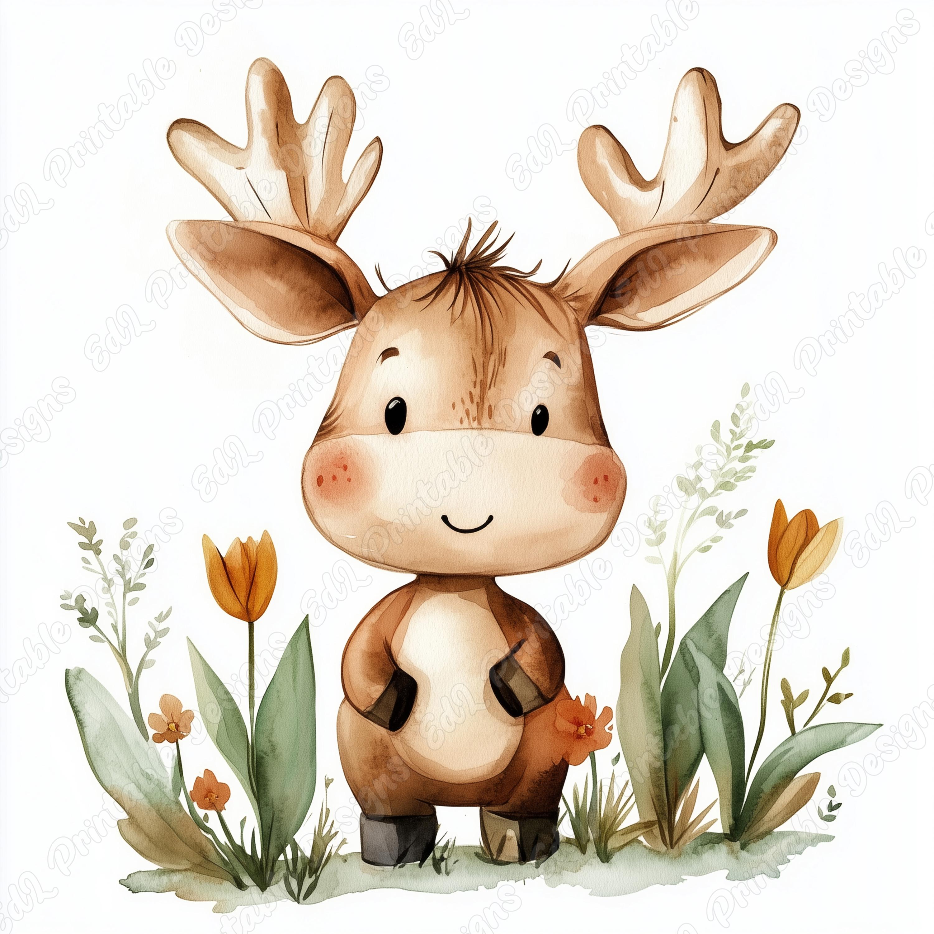 Watercolor Baby Moose Clip Art, Floral Woodland Animals (JPG Digital ...