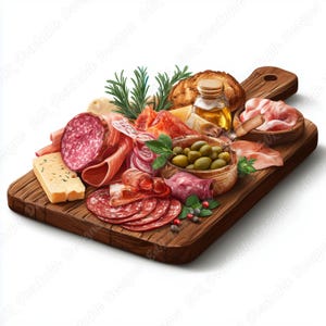 May include: A wooden charcuterie board laden with an assortment of cured meats, cheeses, olives, bread, and herbs. The board includes salami, prosciutto, and a small jar of oil. A rustic and appetizing arrangement.