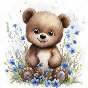 20 cliparts aquarelle ours, images imprimables bébé heureux ours, téléchargement numérique animaux mignons, fleurs ours scrapbooking papier créations JPG ensemble