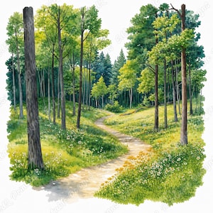 Forest Scene Clipart, Watercolor Woodland Landscape, Nature View Scrapbook Papers (Digital Download)