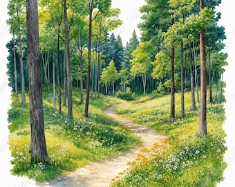Forest Scene Clipart, Watercolor Woodland Landscape, Nature View Scrapbook Papers (Digital Download)