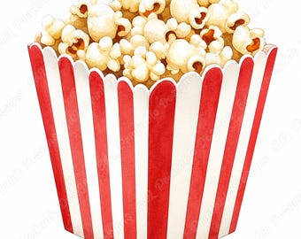 Klipart z pudełkiem popcornu, akwarelowy wieczór filmowy, obrazy przekąsek do kina do druku (pobieranie cyfrowe)