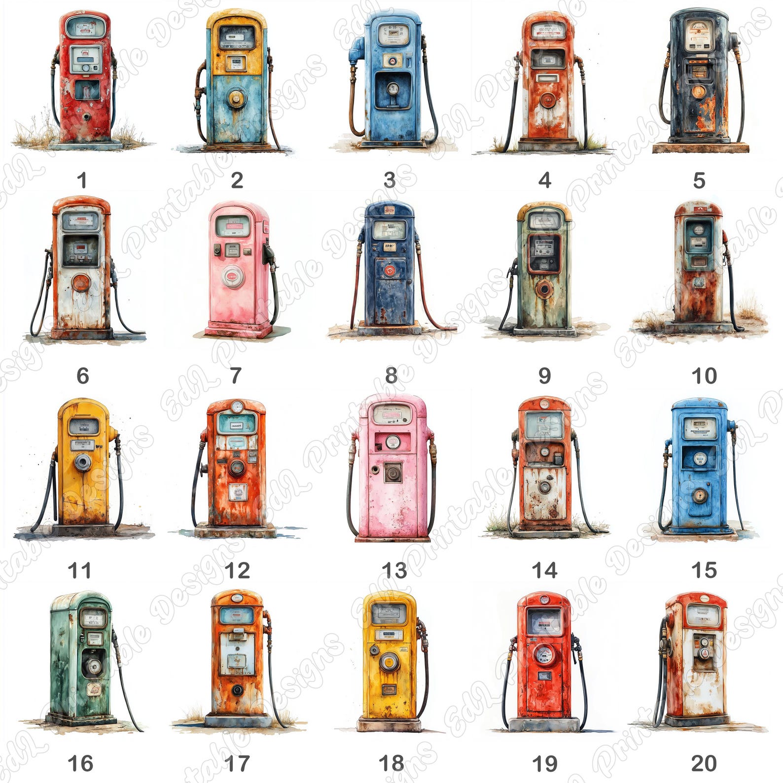 Vintage Gas Pump Clip Art, Retro Petrol Station Images (digital