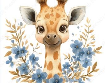 Ilustración de jirafa en acuarela, ilustración floral de animal bebé (JPG)