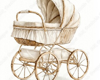 20 Vintage Baby Stroller Clip Art, Watercolor Baby Carriage