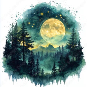 May include: A watercolour painting depicting a moonlit forest. A large, yellow full moon is in the sky, surrounded by stars. Dark green pine trees fill the foreground, with mountains in the distance. The colour palette includes shades of green, blue, and yellow.