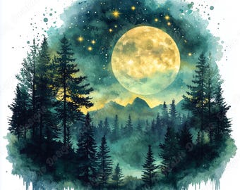 Starry Night Landscape Clipart, Celestial Scrapbooking Paper (JPG Digital Download)