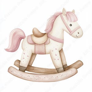 20 Clip Art di cavalli a dondolo in legno, Immagine stampabile di cavalli giocattolo vintage, Download digitale, Pacchetto JPG di carta per scrapbooking di bambini e bambine
