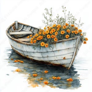 Puede incluir: Un bote de madera desgastado lleno de un ramo de flores de color naranja brillante. El bote flota en aguas tranquilas, con algunos pétalos esparcidos en la superficie.