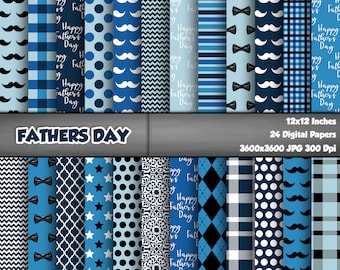 Happy Fathers Day Digital Paper Pack, Blue Printable Background, Scrapbook Papers, 12x12 Fathers Day Paper, Seamless Dad Pattern Set Of 24