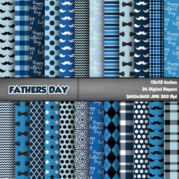 Happy Fathers Day Digital Paper Pack, Blue Printable Background, Scrapbook Papers, 12x12 Fathers Day Paper, Seamless Dad Pattern Set Of 24