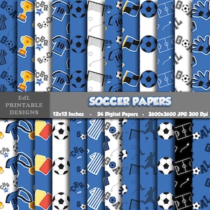 Carta con motivo digitale di calcio, sfondo stampabile di calcio, carta per scrapbooking con pallone da calcio blu, carte 12x12, tema sportivo senza soluzione di continuità