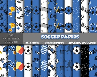 Papel de patrón digital de fútbol, fondo imprimible de fútbol, papel de álbum de recortes de fiesta de pelota de fútbol azul, papeles 12x12, tema deportivo sin costuras