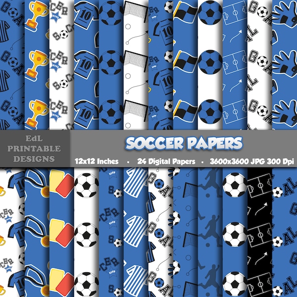 Soccer Digital Pattern Paper, Football Printable Background, Blue Soccer Ball Party Scrapbook Paper, 12x12 Papers, Seamless Sports Theme