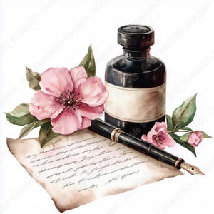 20 caneta de tinta, flores e clipart de letras, imagem para impressão, download digital de caneta-tinteiro, pacote de papel para scrapbooking de letras românticas JPG