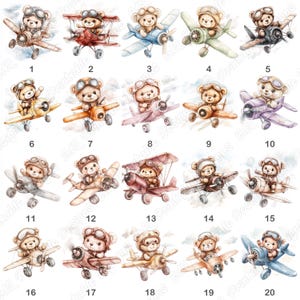 20 Pilot Teddy Bear Clip Art, Watercolor Aviator Bear Printable Image, Digital Download, Baby Boy And Girl Scrapbooking Paper Crafts JPG Set