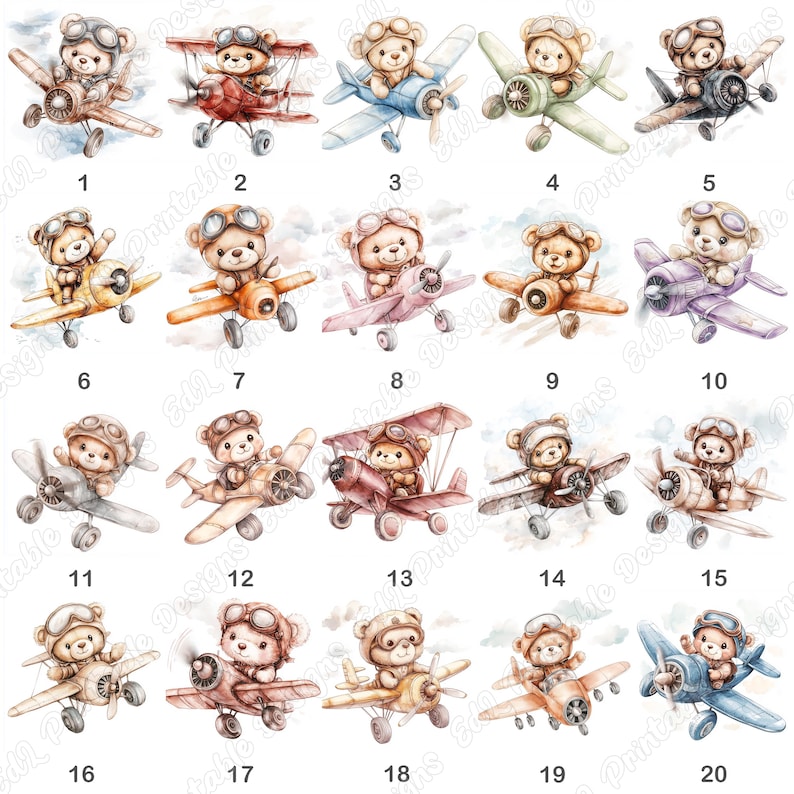 20 Pilot Teddy Bear Clip Art, Watercolor Aviator Bear Printable Image, Digital Download, Baby Boy And Girl Scrapbooking Paper Crafts JPG Set
