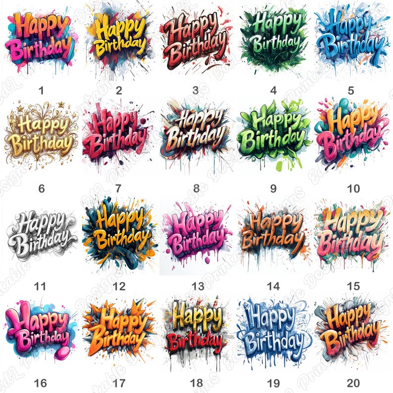 20 Happy Birthday Word Clip Art, Graffiti Text Printable Images, Watercolor Lettering Digital Download, Scrapbooking Paper Crafts JPG Bundle