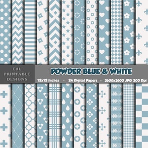 Powder Blue And White Digital Paper, Baby Boy Blue Printable Background, Soft Sky Blue Scrapbook Papers, 12x12 Paper, Seamless Pattern Set