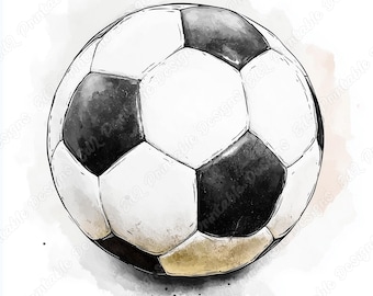 Akwarelowa piłka nożna, grafika ścienna sportowa (pakiet JPG, pobieranie cyfrowe)