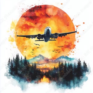 20 aquarela avião clip art, avião de passageiros imagens para impressão, avião no céu download digital, aeronaves scrapbooking papel artesanato JPG conjunto
