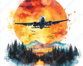Akvarell flygplansklipp, utskrivbara bilder av passagerarflygplan (JPG-set)