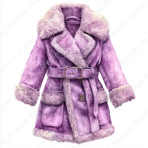 May include: A watercolor illustration of a lavender coat with a faux fur collar and cuffs. The coat features a belt with a buckle, two front pockets, and a button closure. The coat is a winter outerwear garment.