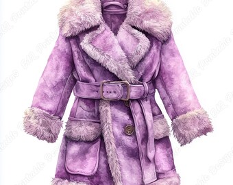 Womens Fur Coat Clipart, Watercolor Winter Clothes, Vintage Jacket, Fashion Images (Digital Download)