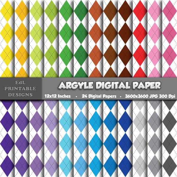 Argyle Digital Paper, Diamond Printable Background, Geometric Scrapbook Papers, 12x12 Harlequin Paper, Seamless Repeated Pattern Set Of 24