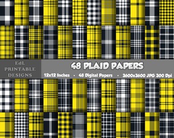 Zestaw papieru cyfrowego w żółtą kratkę, tartan, flanela, kratka drwala, wzory szkockie (do pobrania w wersji cyfrowej)