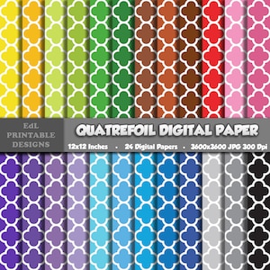 Peut inclure: Un ensemble de 24 papiers numériques avec un motif de trèfle à quatre feuilles dans différentes couleurs. Chaque papier mesure 3600x3600 pixels et 300 dpi. Les papiers mesurent 30,48x30,48 cm.