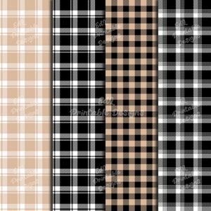 Beige and Black Buffalo Plaid Digital Paper, Printable Tartan Background Papers, Lumberjack Scrapbook Papers, Seamless Gingham Set Of 24